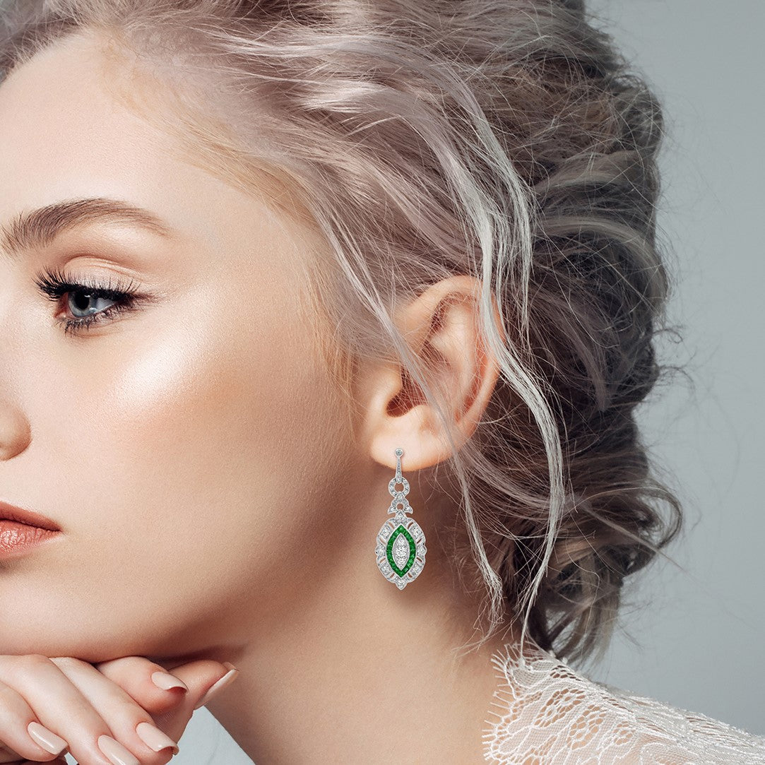 Diamond &amp; Green Emerald Halo Art Deco Style Marquise Shape Dangle Gold Earrings