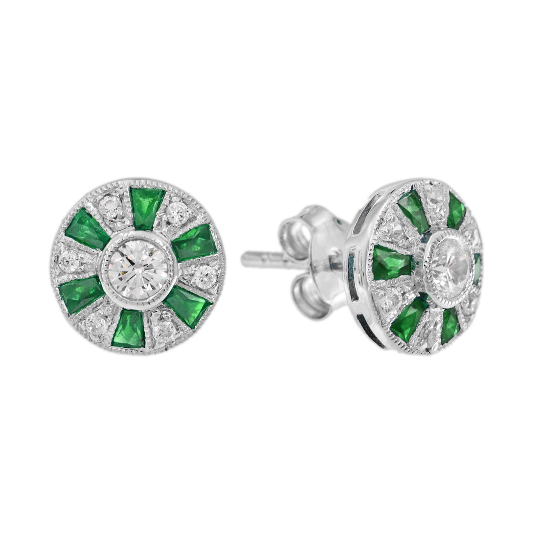 Ferris Wheel Diamond French Cut Emerald Art Deco Style Stud White Gold Earrings