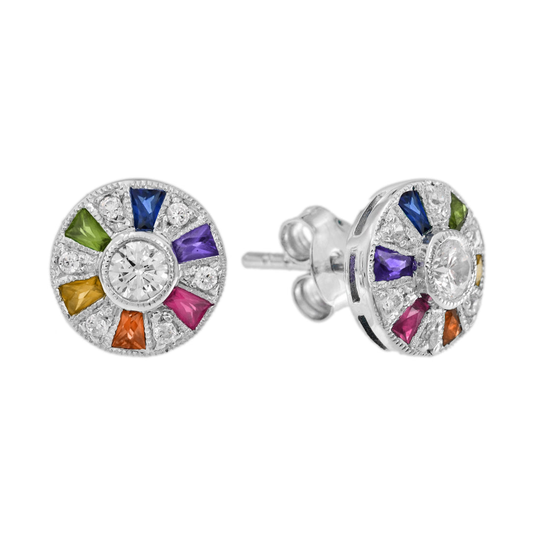 Ferris Wheel Diamond Rainbow Sapphire Stud 14K White Gold Earrings