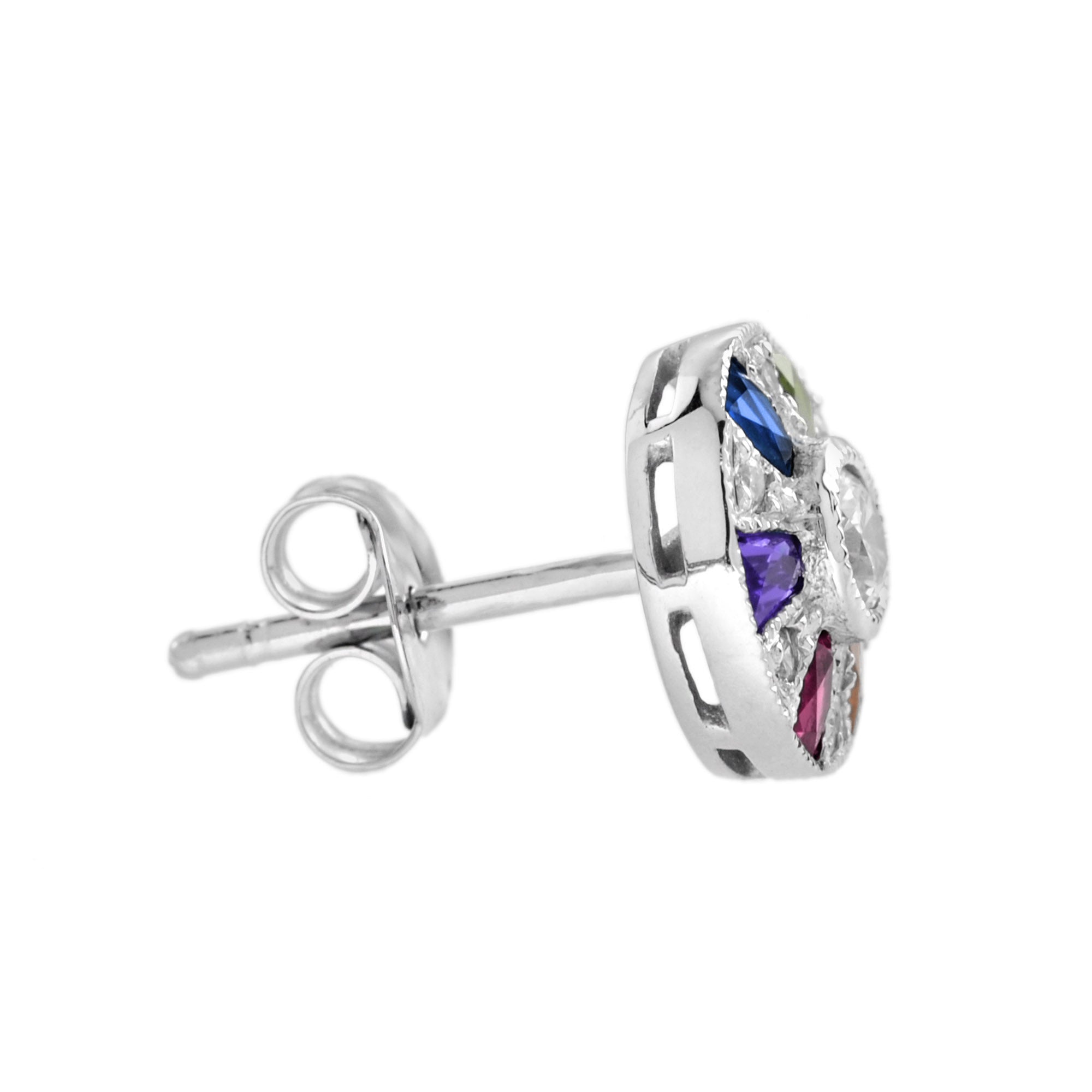 Ferris Wheel Diamond Rainbow Sapphire Stud 14K White Gold Earrings