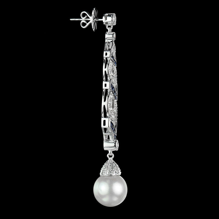 White South Sea Pearl with Blue Sapphire & Diamond Drop 18K White Gold Earrings