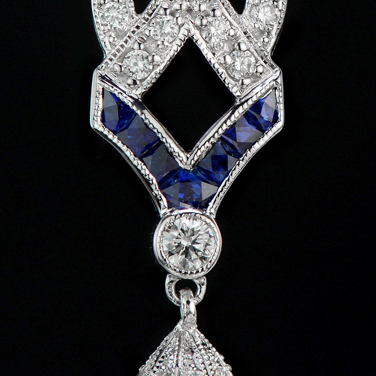 White South Sea Pearl with Blue Sapphire & Diamond Drop 18K White Gold Earrings