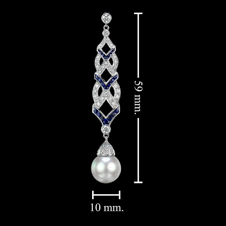 white south sea pearl with blue sapphire & diamond drop 18k white gold earrings