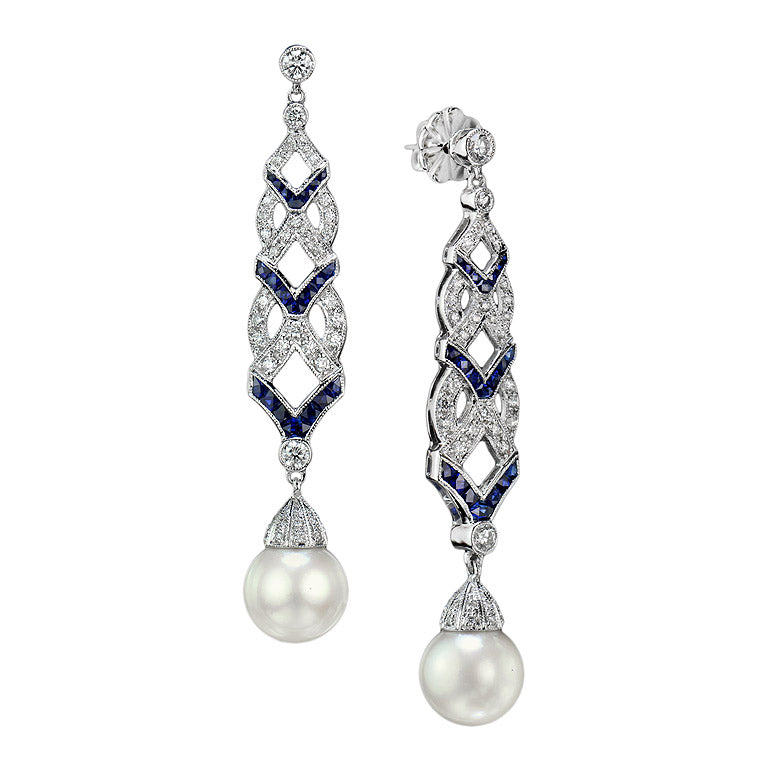 White South Sea Pearl with Blue Sapphire & Diamond Drop 18K White Gold Earrings