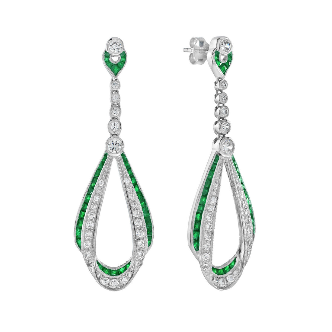Emerald & Diamond Art Deco Style Ribbon Drop 14K White Gold Earrings