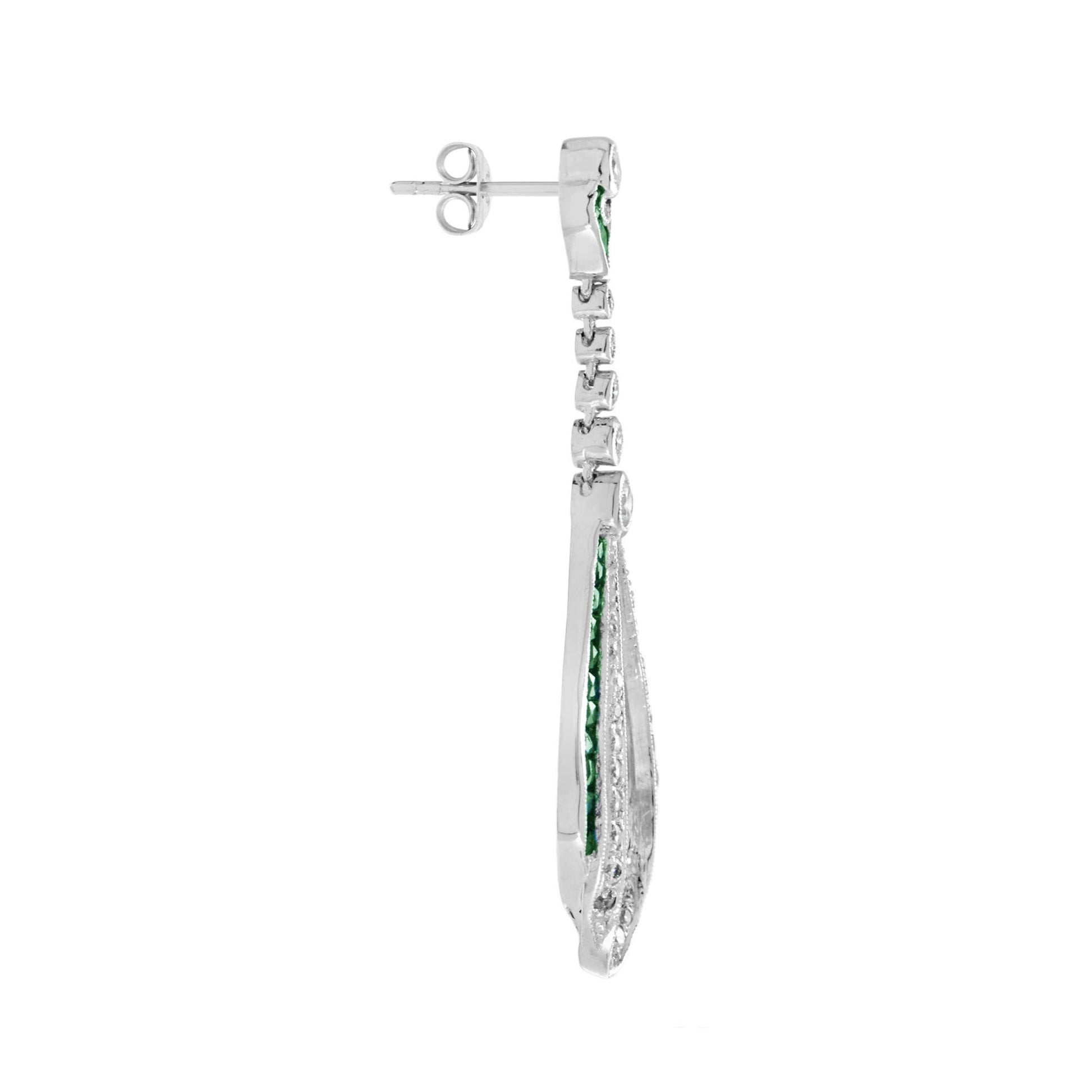 Emerald & Diamond Art Deco Style Ribbon Drop 14K White Gold Earrings
