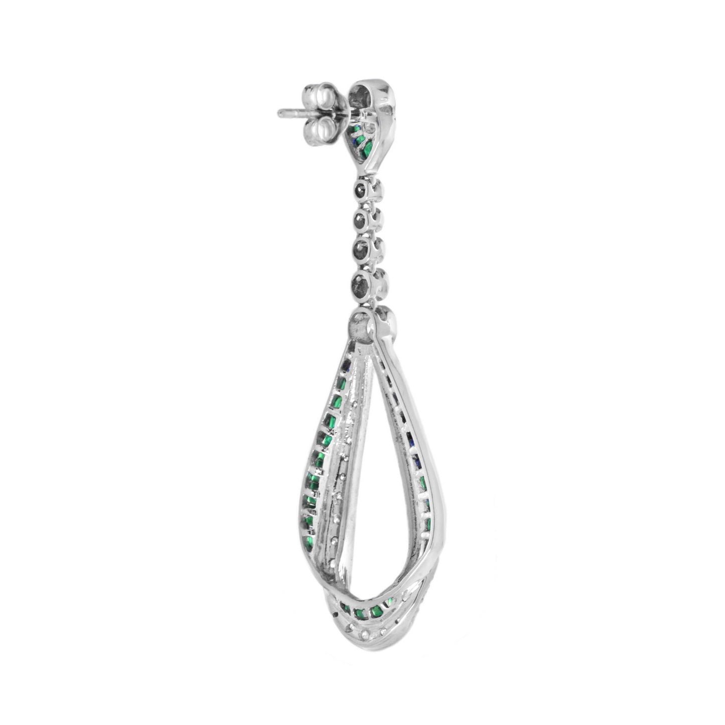 emerald & diamond art deco style ribbon drop 14k white gold earrings