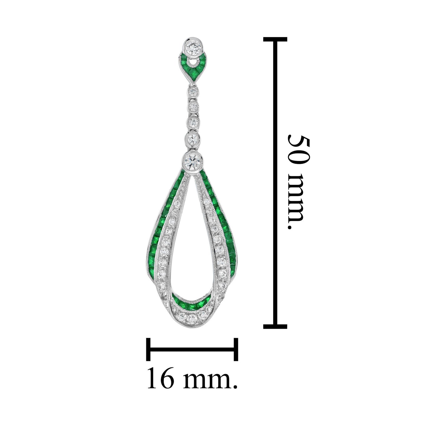 emerald & diamond art deco style ribbon drop 14k white gold earrings
