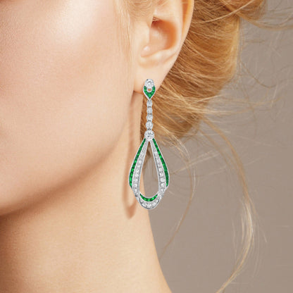 Emerald & Diamond Art Deco Style Ribbon Drop 14K White Gold Earrings