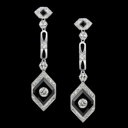 Rhombus Shape Diamond &amp; Onyx Art Deco Style Drop 14K White Gold Earrings