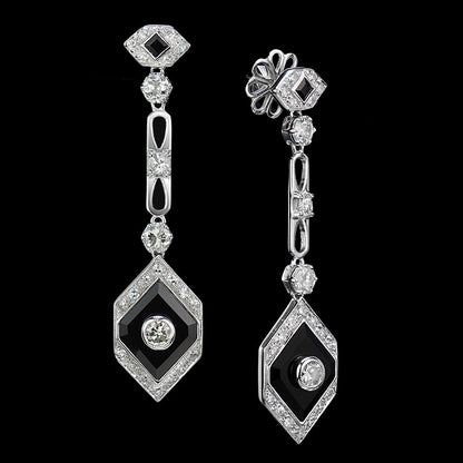 Rhombus Shape Diamond &amp; Onyx Art Deco Style Drop 14K White Gold Earrings