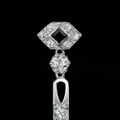 Rhombus Shape Diamond &amp; Onyx Art Deco Style Drop 14K White Gold Earrings