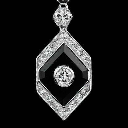 Rhombus Shape Diamond &amp; Onyx Art Deco Style Drop 14K White Gold Earrings