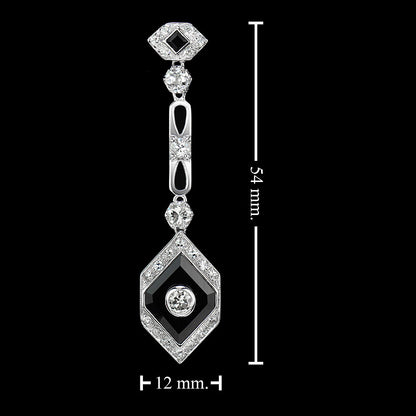 Rhombus Shape Diamond &amp; Onyx Art Deco Style Drop 14K White Gold Earrings