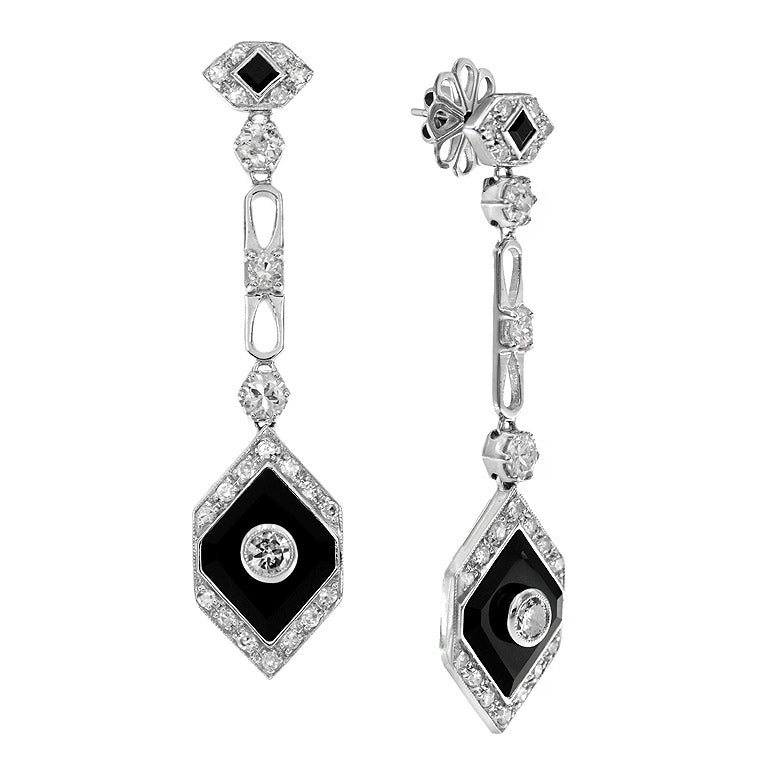 Rhombus Shape Diamond & Onyx Art Deco Style Drop 14K White Gold Earrings