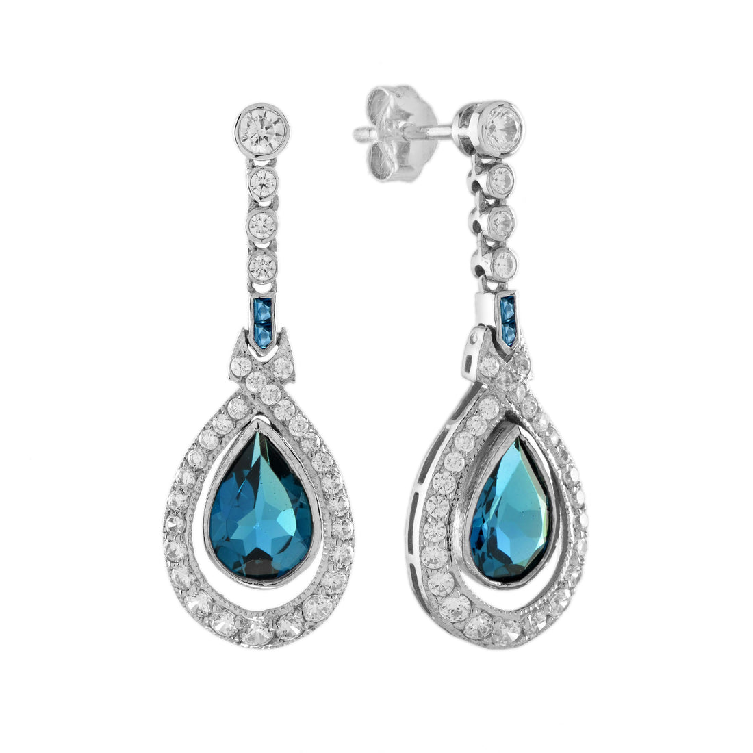 Pear Cut London Blue Topaz & Diamond Antique Style Drop 14K White Gold Earrings