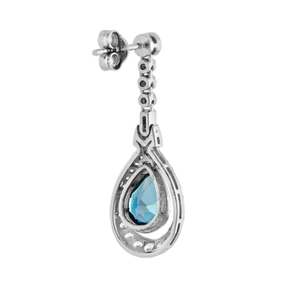 Pear Cut London Blue Topaz & Diamond Antique Style Drop 14K White Gold Earrings