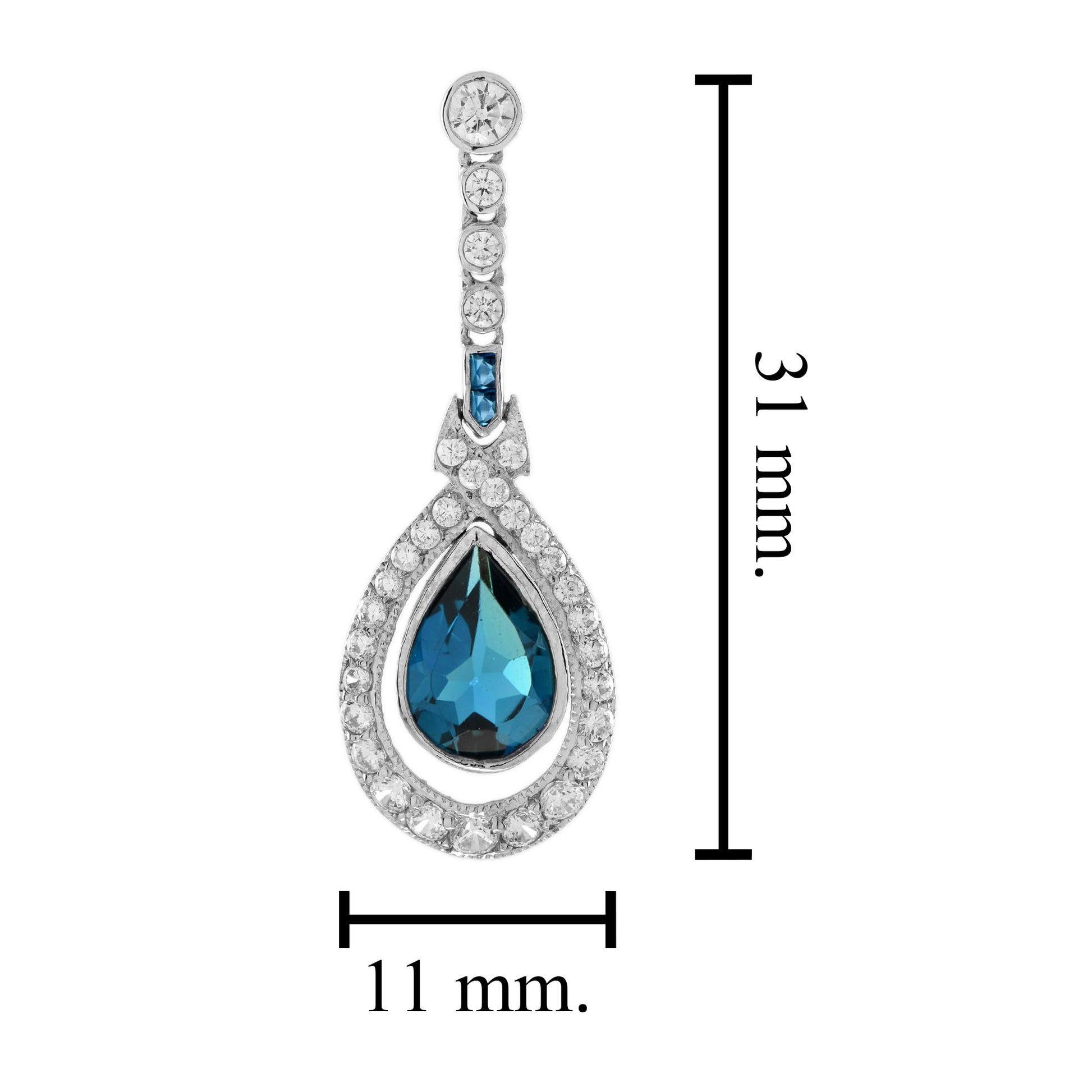 Pear Cut London Blue Topaz & Diamond Antique Style Drop 14K White Gold Earrings