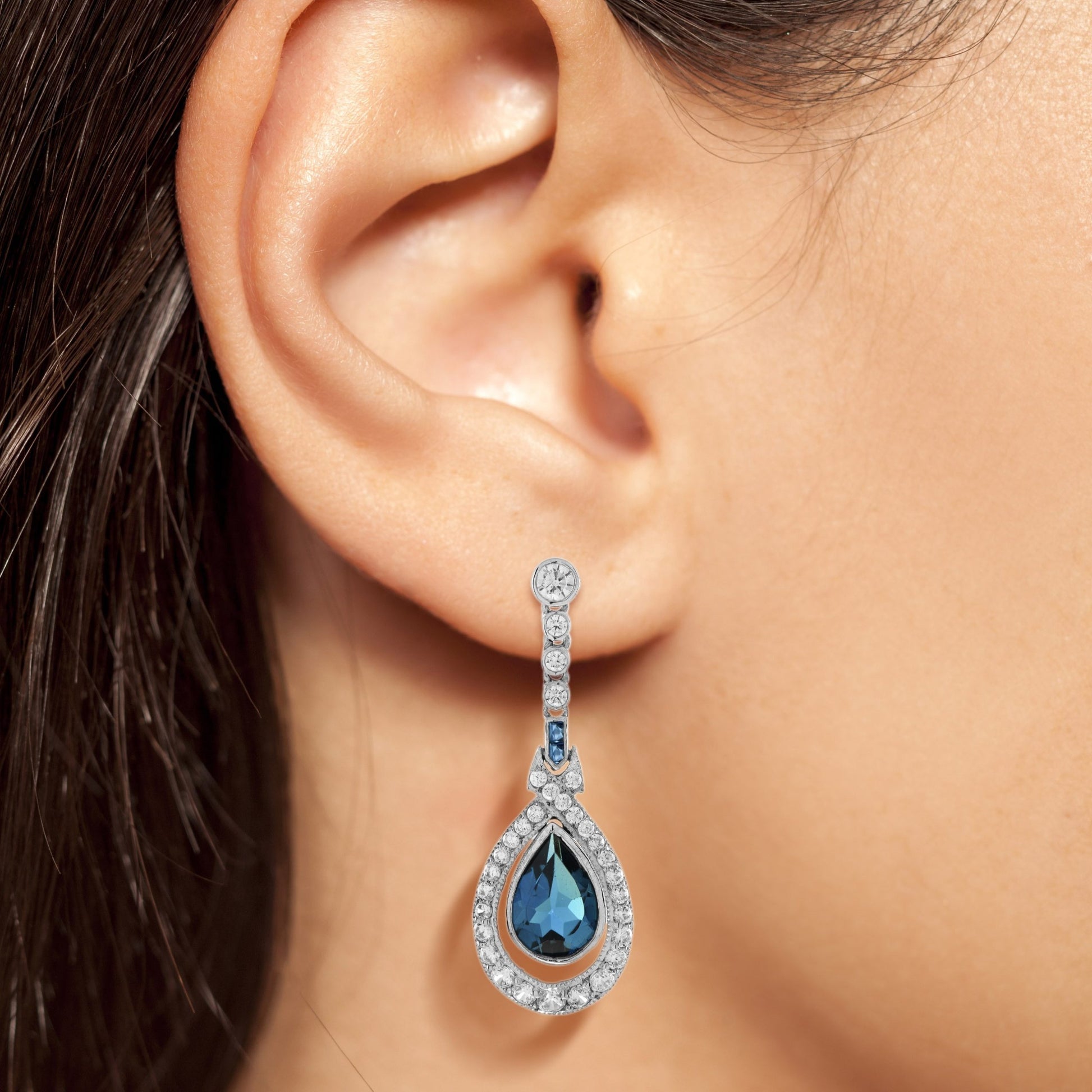 Pear Cut London Blue Topaz & Diamond Antique Style Drop 14K White Gold Earrings