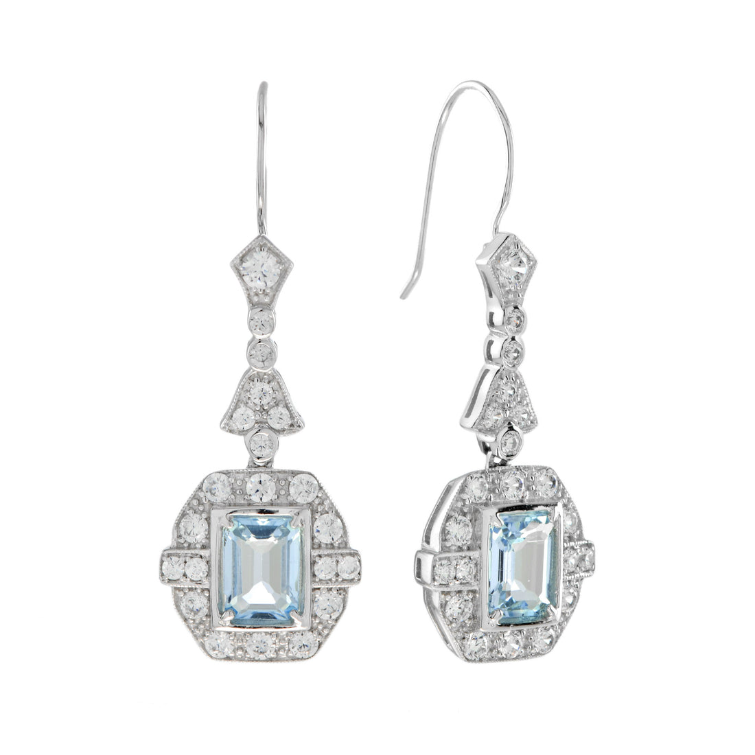 Emerald Cut Blue Topaz &amp; Diamond Halo Drop Dangle Hook 14K White Gold Earrings
