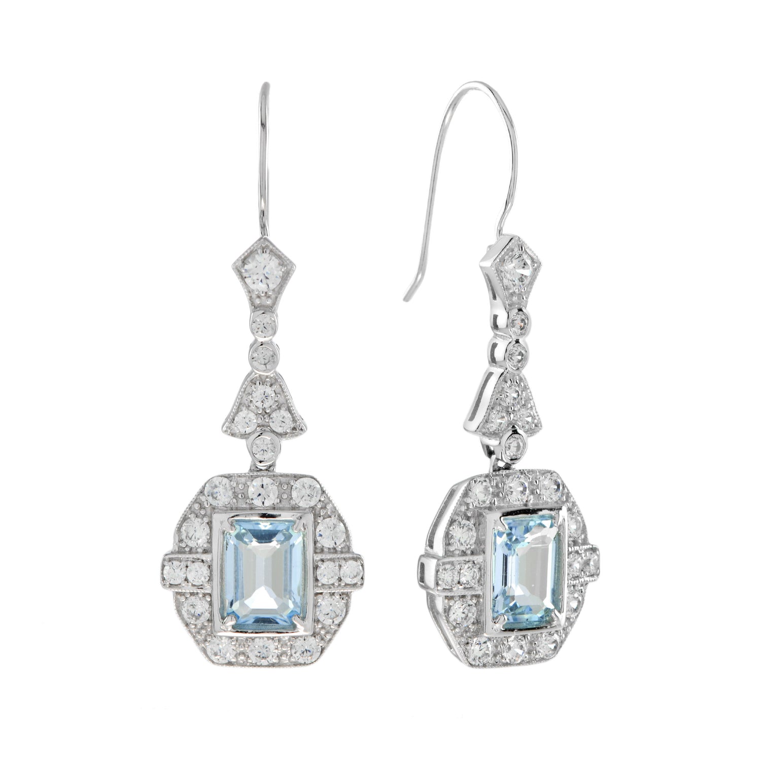 Emerald Cut Blue Topaz &amp; Diamond Halo Drop Dangle Hook 14K White Gold Earrings