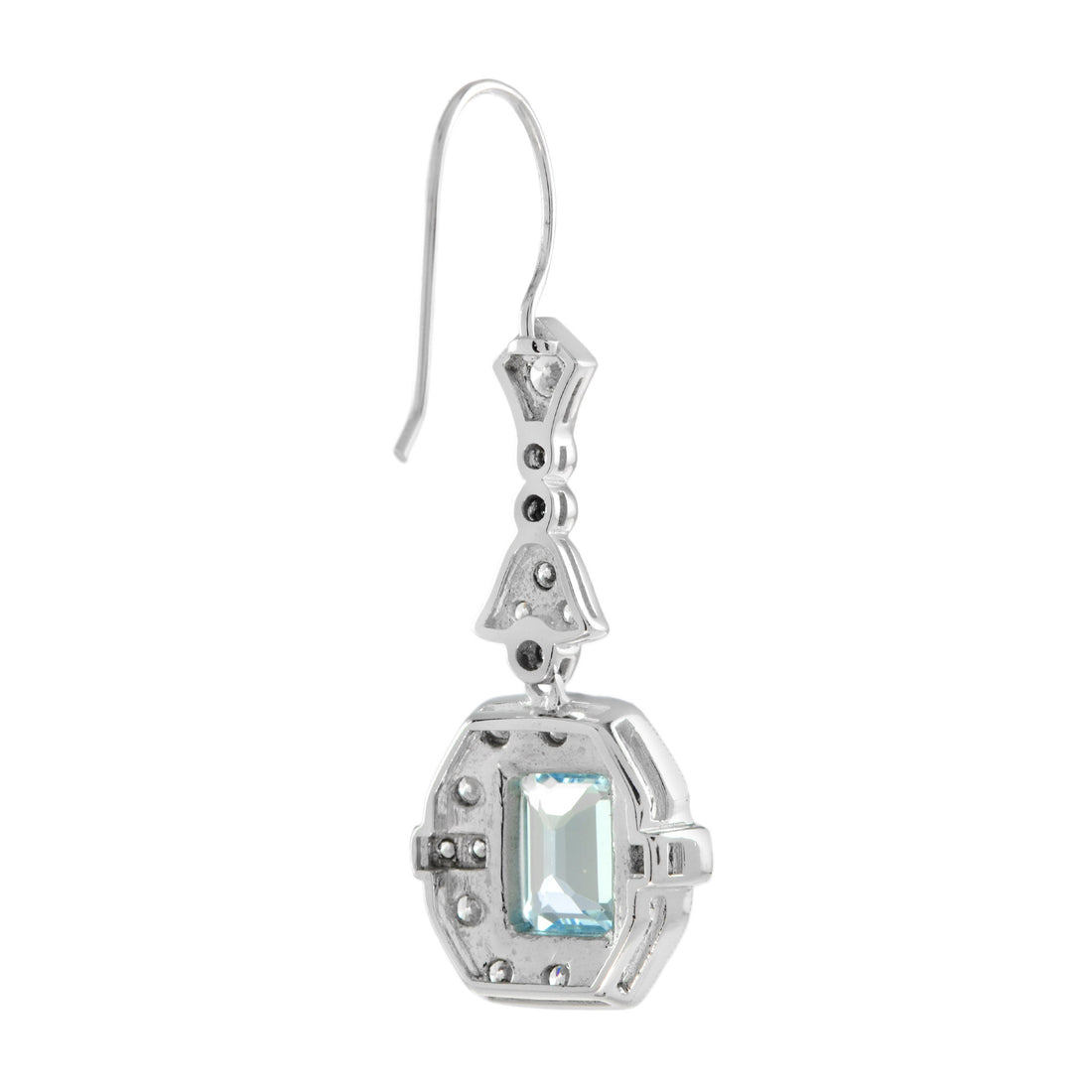 Emerald Cut Blue Topaz &amp; Diamond Halo Drop Dangle Hook 14K White Gold Earrings