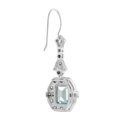 Emerald Cut Blue Topaz &amp; Diamond Halo Drop Dangle Hook 14K White Gold Earrings