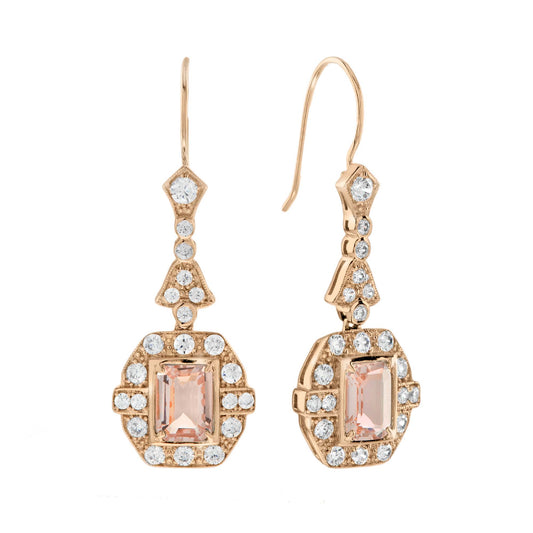 Peach Morganite & Diamond Vintage Inspire Art Deco Style Drop Rose Gold Earrings