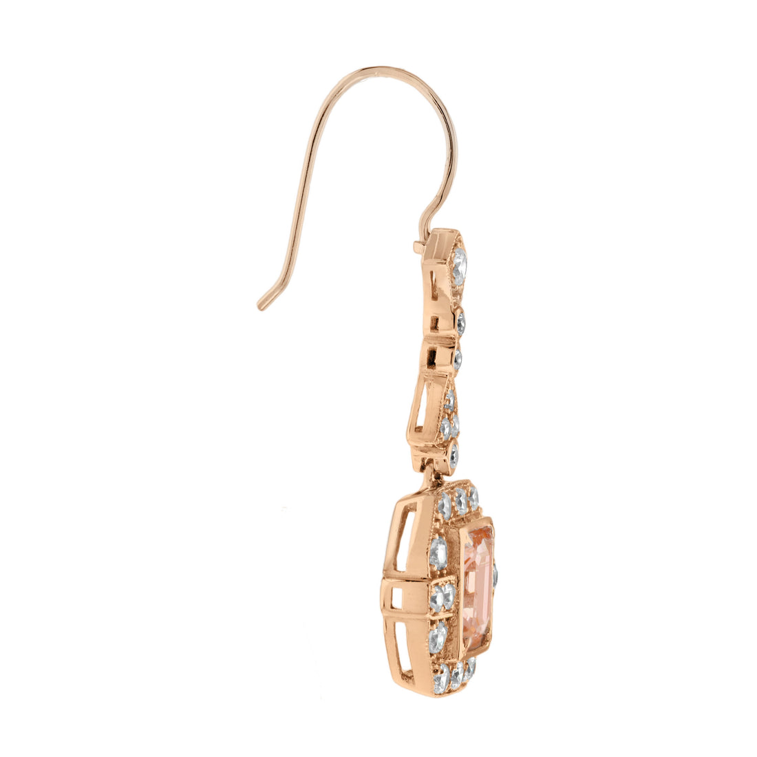 Peach Morganite &amp; Diamond Vintage Inspire Art Deco Style Drop Rose Gold Earrings