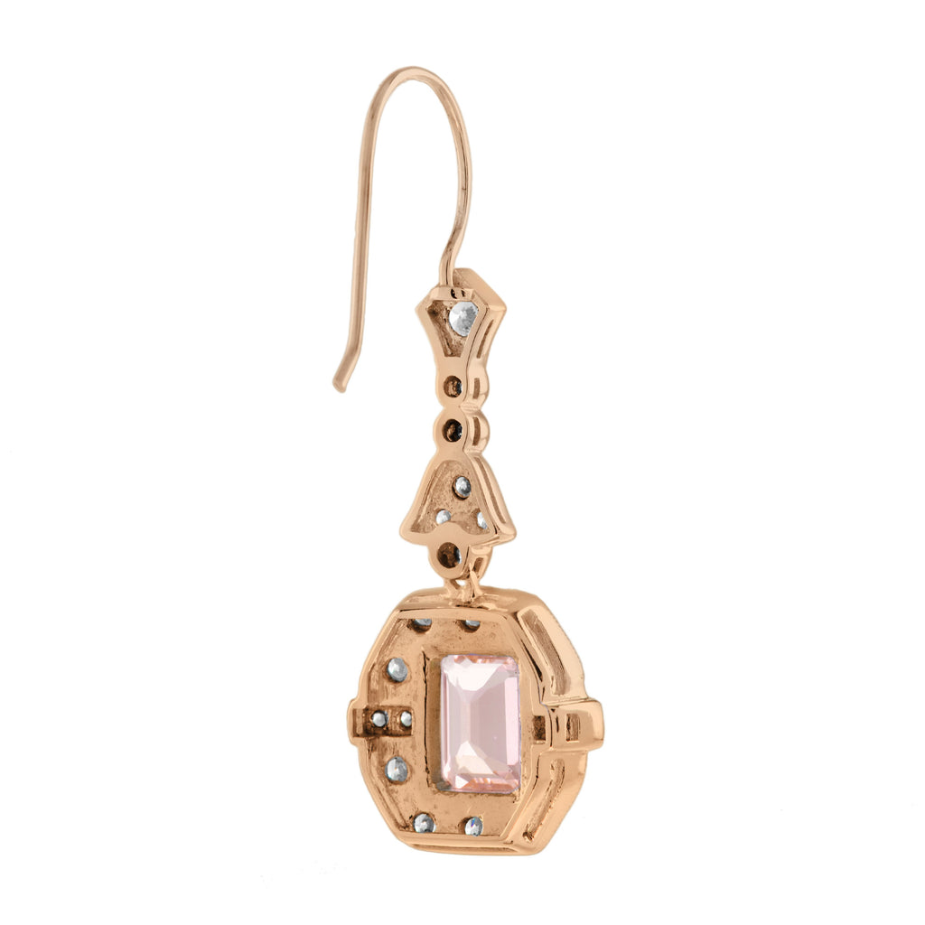 Peach Morganite & Diamond Vintage Inspire Art Deco Style Drop Rose Gold Earrings