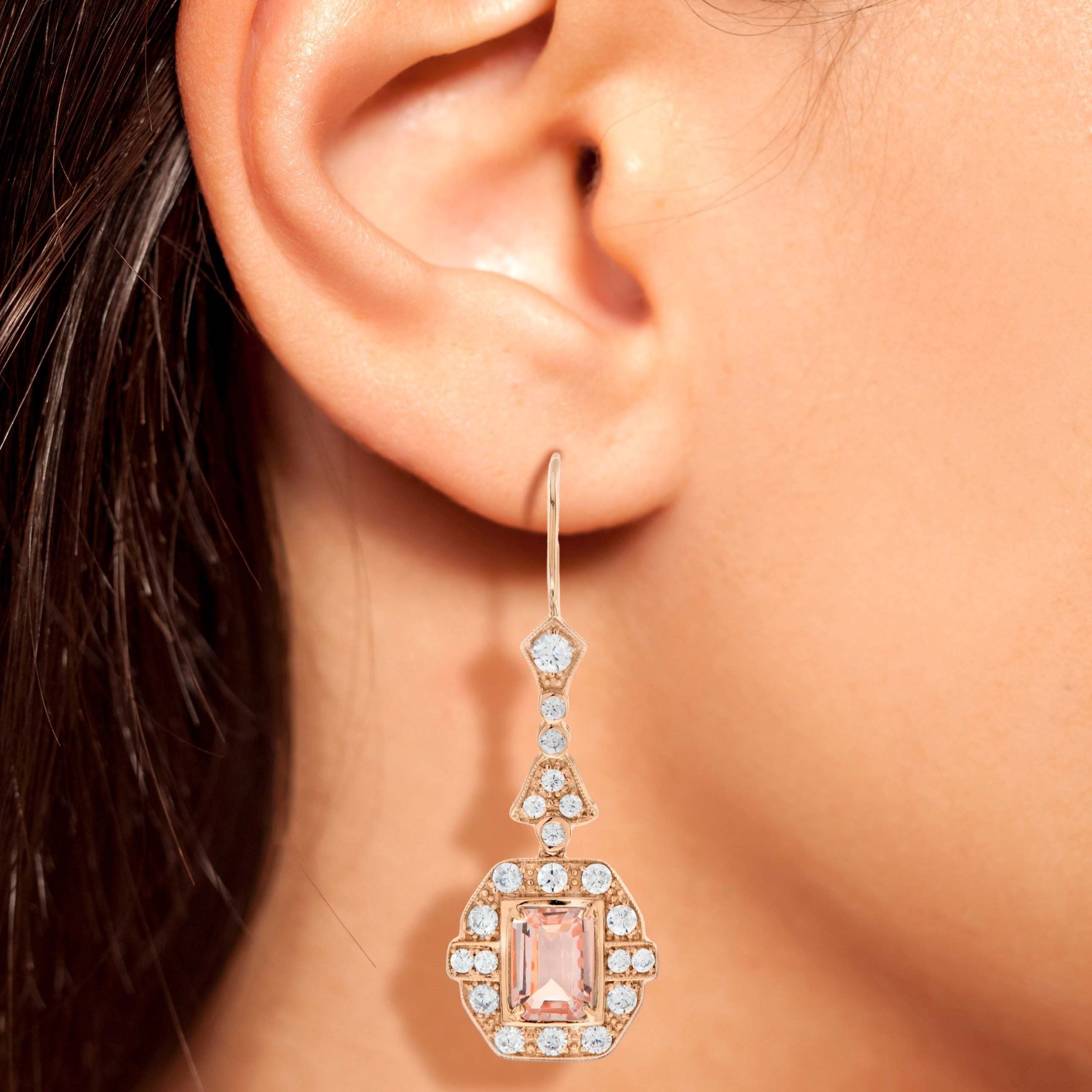 Peach Morganite & Diamond Vintage Inspire Art Deco Style Drop Rose Gold Earrings