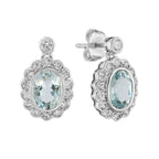 3.40 Ctw Edwardian Style Oval Aquamarine Diamond Halo 14K White Gold Drop Earrings