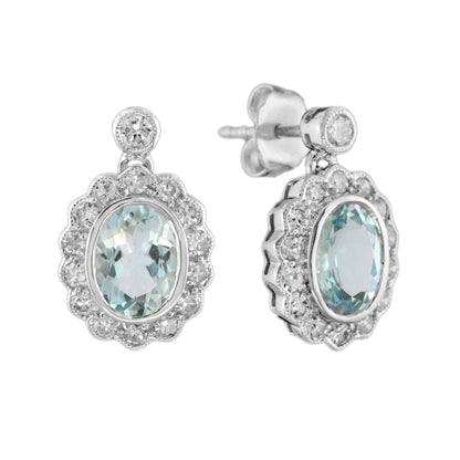 Oval Aquamarine &amp; Diamond Halo Set Antique Style Drop 14K White Gold Earrings