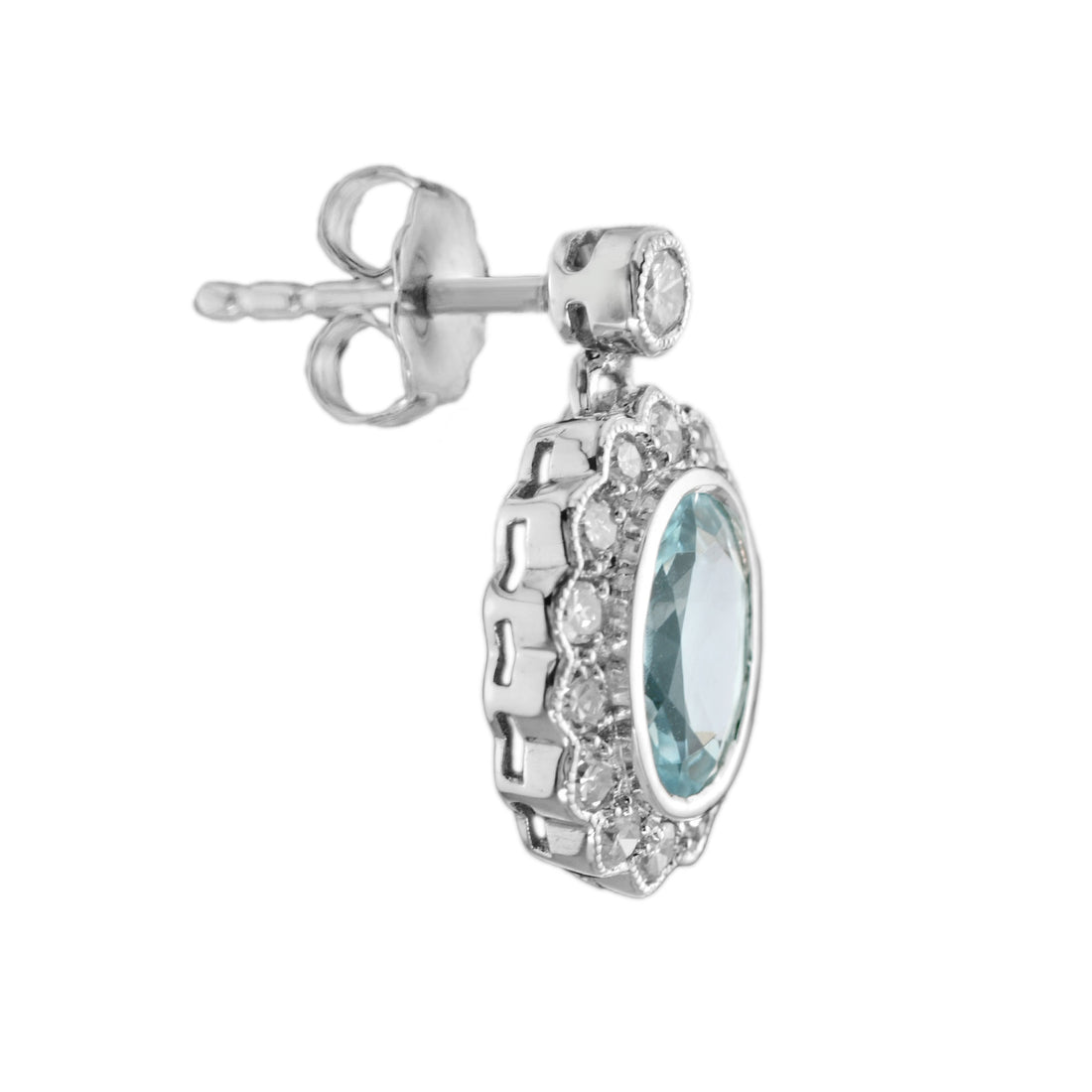 Oval Aquamarine &amp; Diamond Halo Set Antique Style Drop 14K White Gold Earrings
