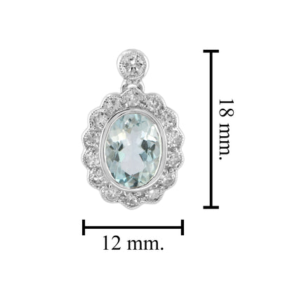Oval Aquamarine &amp; Diamond Halo Set Antique Style Drop 14K White Gold Earrings