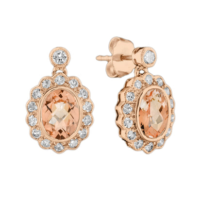 Peach Orange Morganite &amp; Diamond Vintage Style Drop 14K Rose Gold Earrings