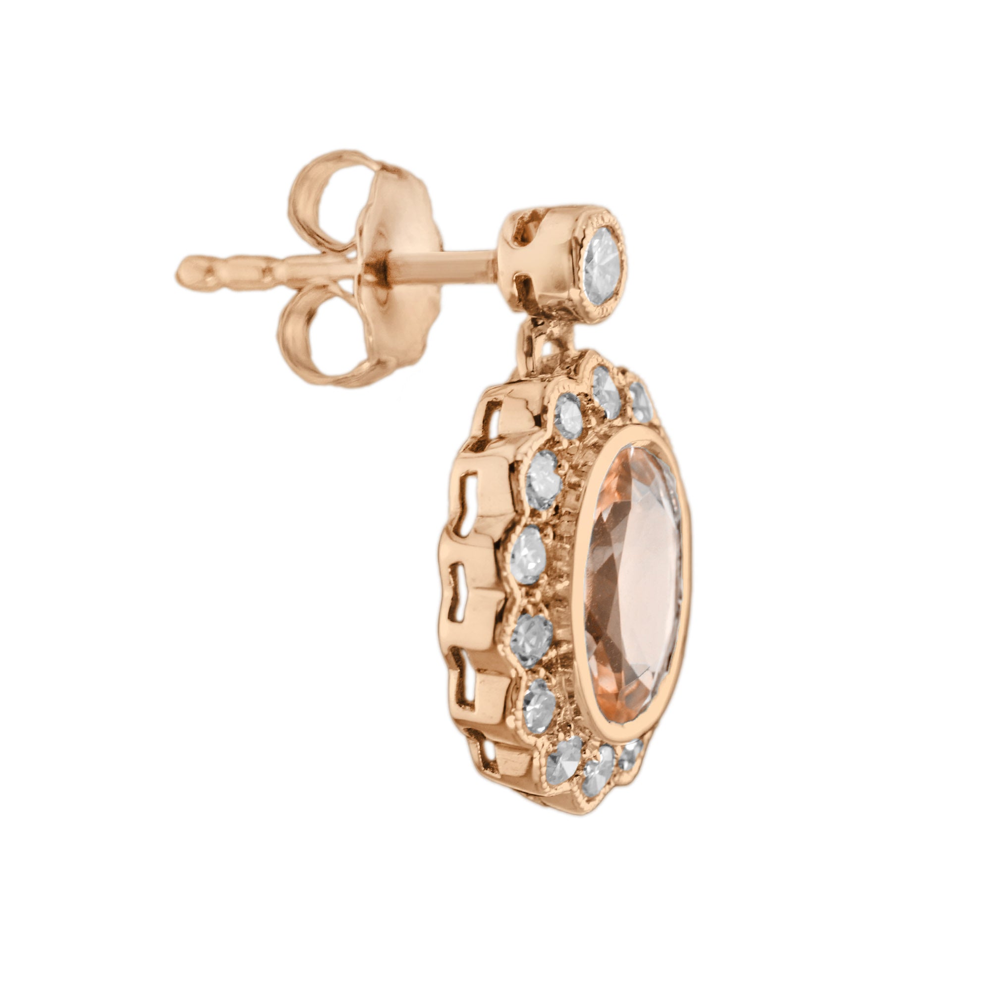 Peach Orange Morganite & Diamond Vintage Style Drop 14K Rose Gold Earrings