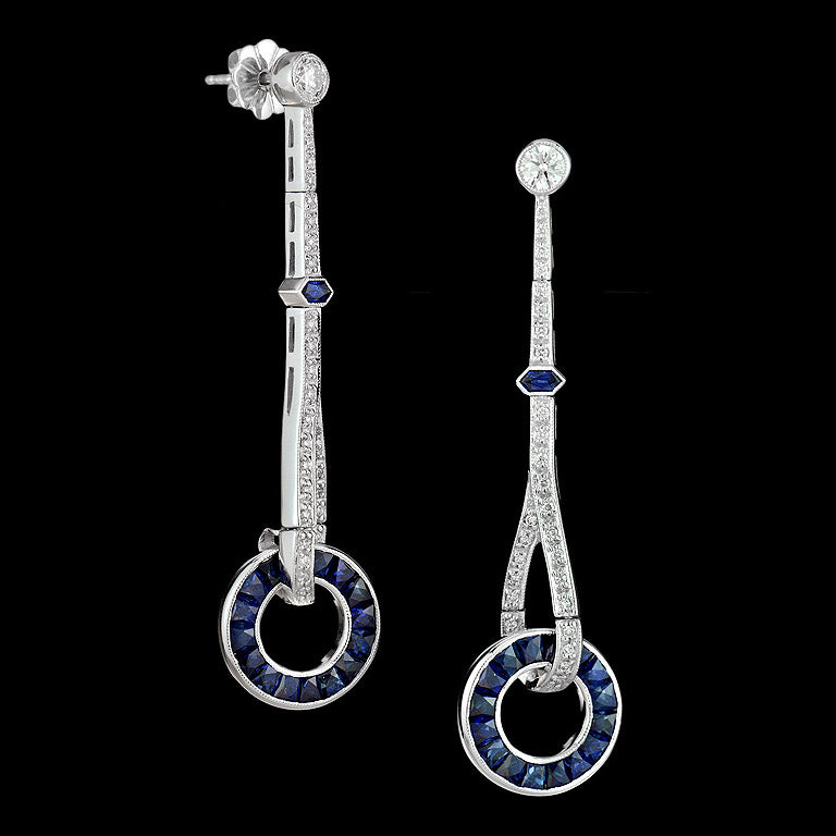 Blue Sapphire &amp; Diamond Art Deco Style Circle Ring Drop White Gold Earrings