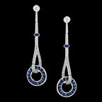 Blue Sapphire & Diamond Art Deco Style Circle Ring Drop White Gold Earrings