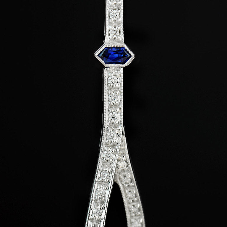 Blue Sapphire &amp; Diamond Art Deco Style Circle Ring Drop White Gold Earrings