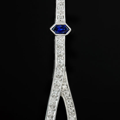 Blue Sapphire &amp; Diamond Art Deco Style Circle Ring Drop White Gold Earrings