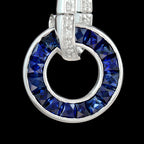 Blue Sapphire & Diamond Art Deco Style Circle Ring Drop White Gold Earrings
