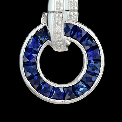 Blue Sapphire &amp; Diamond Art Deco Style Circle Ring Drop White Gold Earrings
