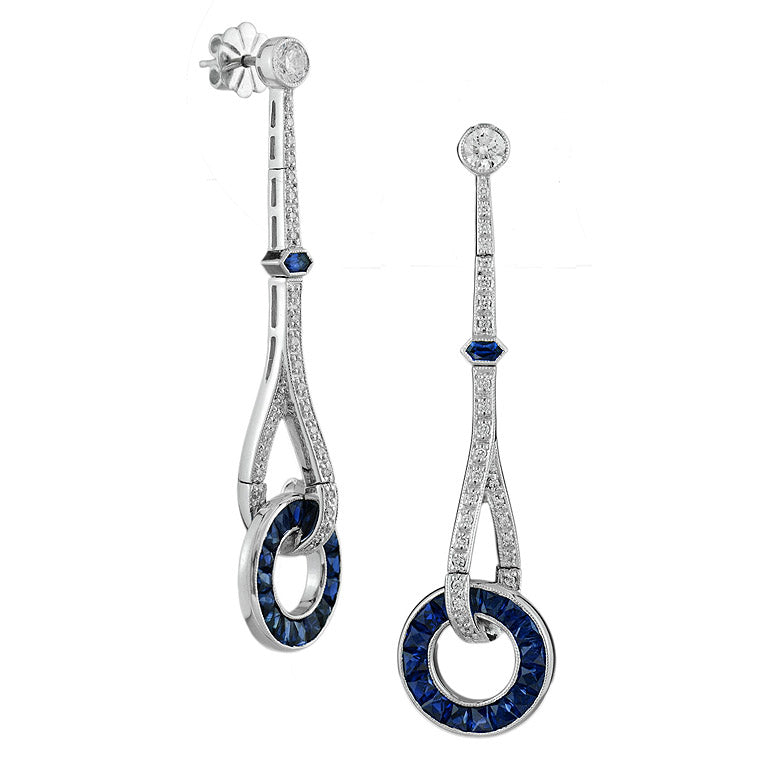 Blue Sapphire & Diamond Art Deco Style Circle Ring Drop White Gold Earrings