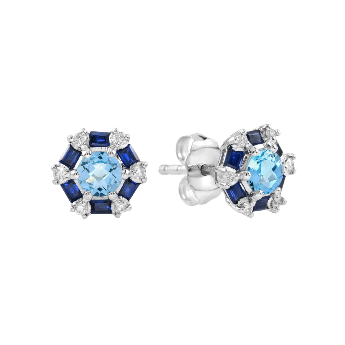 Round Blue Topaz & Blue Sapphire and Diamond Target 14K White Gold Stud Earrings