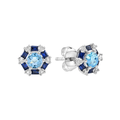 Round Blue Topaz &amp; Blue Sapphire and Diamond Target 14K White Gold Stud Earrings