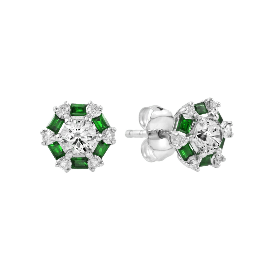 Round Cut Diamond & Green Emerald Halo Stud 14K White Gold Earrings
