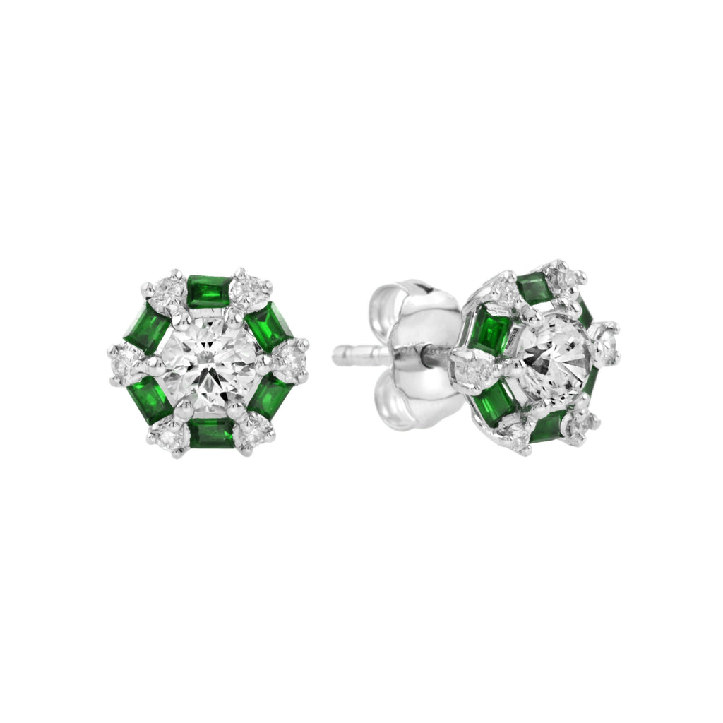 Round Cut Diamond & Green Emerald Halo Stud 14K White Gold Earrings