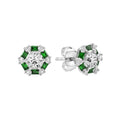 Round Cut Diamond & Green Emerald Halo Stud 14K White Gold Earrings
