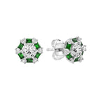 Round Cut Diamond & Green Emerald Halo Stud 14K White Gold Earrings